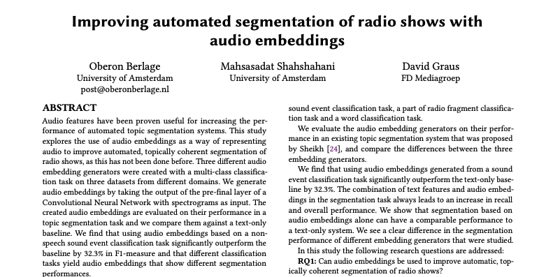 “Improving automated segmentation of radio shows with audio embeddings”